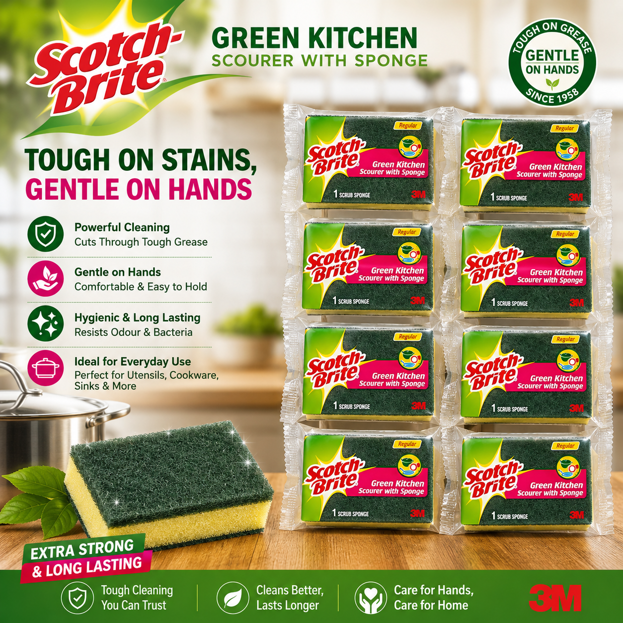 Scotch Brite Green Kitchen Scourer Whit Sponge 12+1